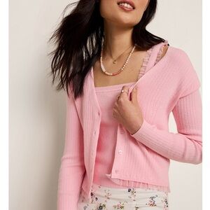 Francesca's Collections Pink Ribbed Cardigan & Ruffle-Trim Tank Set